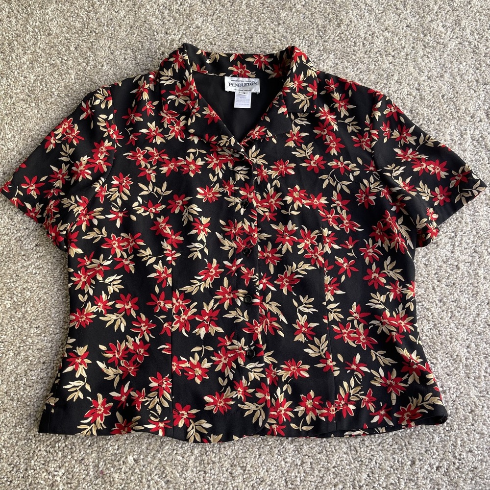 Vintage Pendleton Blouse Womens 12 Black Floral Button Front Short Sleeve Top